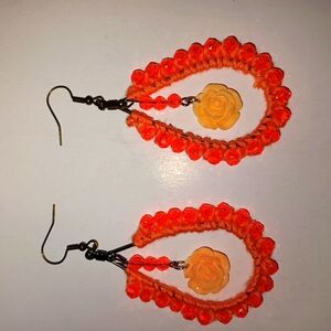 Orange Beaded Rose Earrings